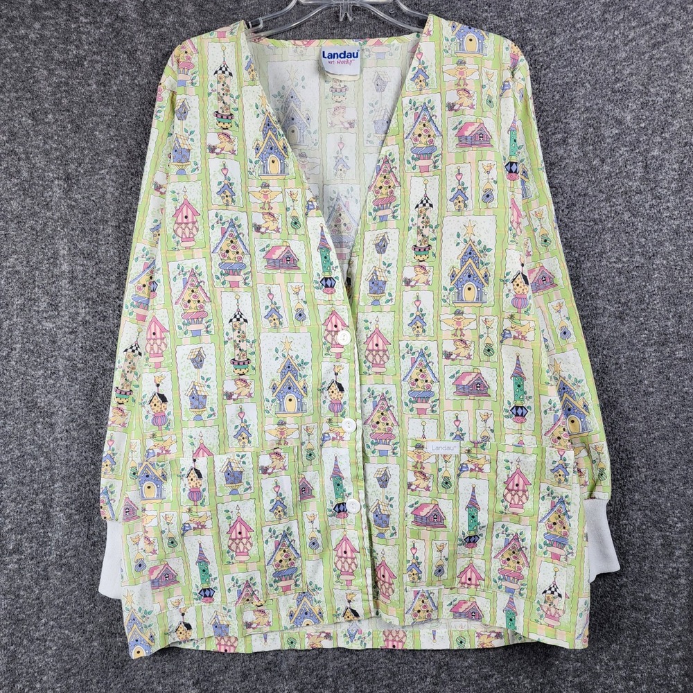 Landau Scrub Jacket Womens XL Art Works Green Birdhouse Chick Button Front EUC